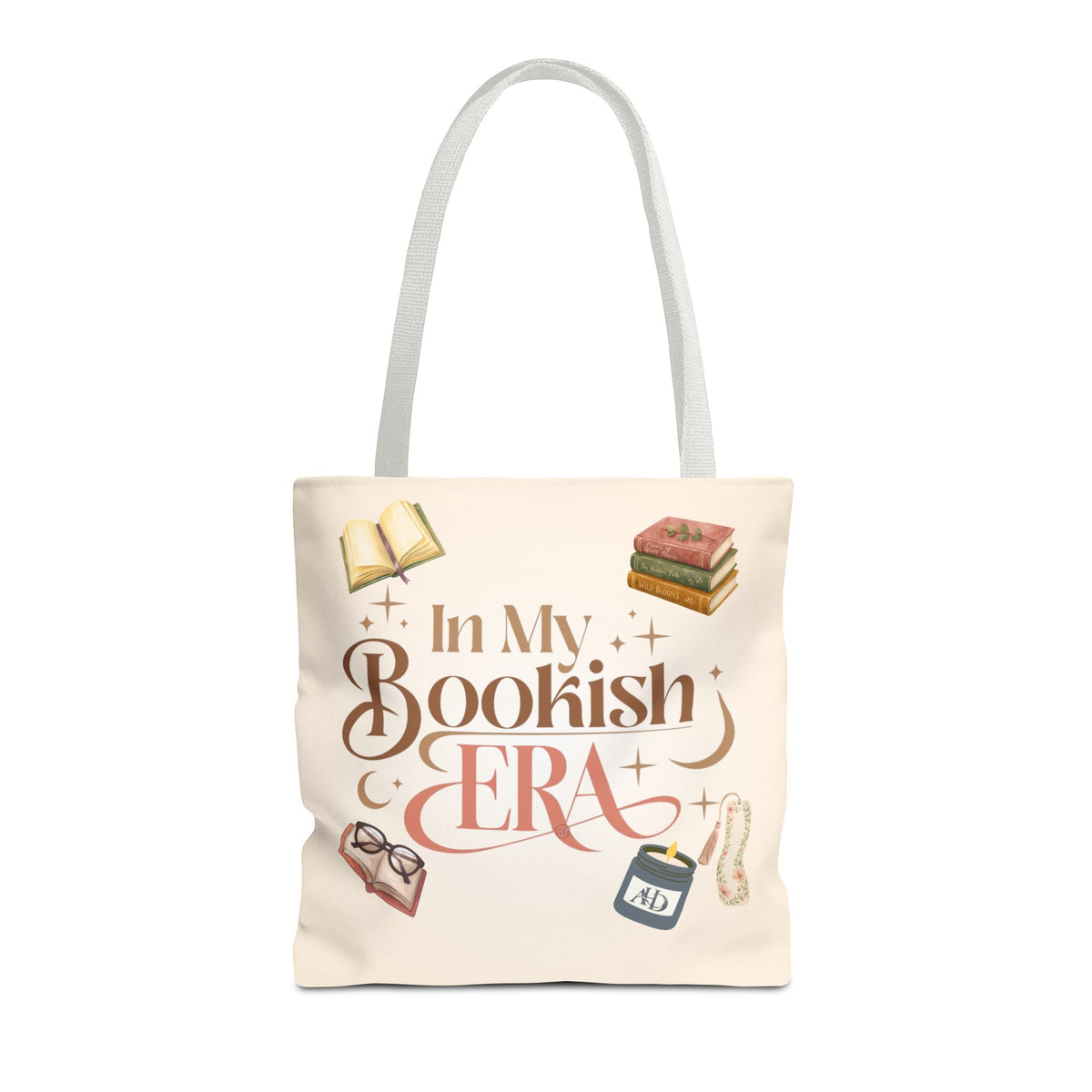 In My Bookish Era Literary Polyester Tote (Size: 16" × 16'', Color: White)