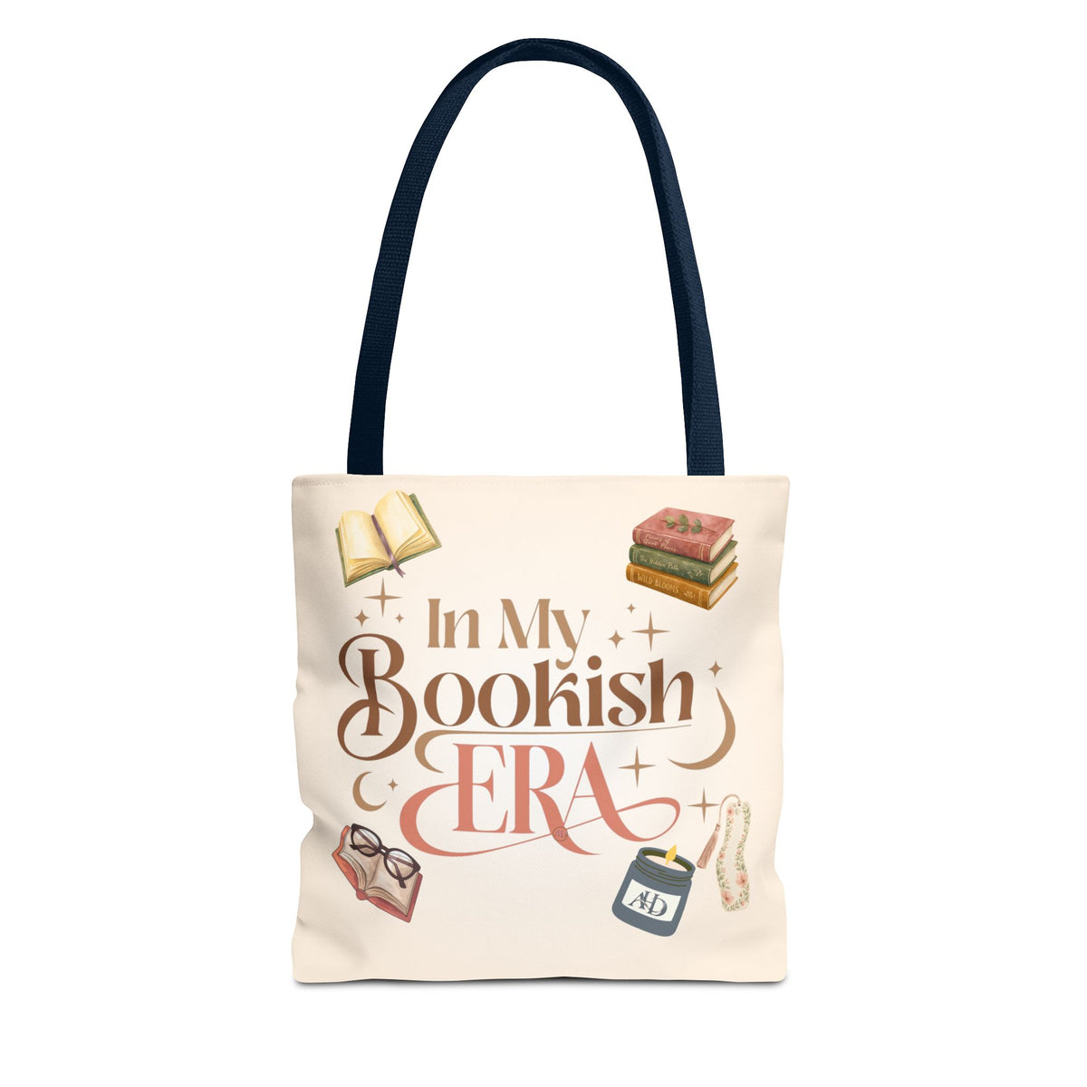 In My Bookish Era Literary Polyester Tote (Size: 13" × 13'', Color: Navy)