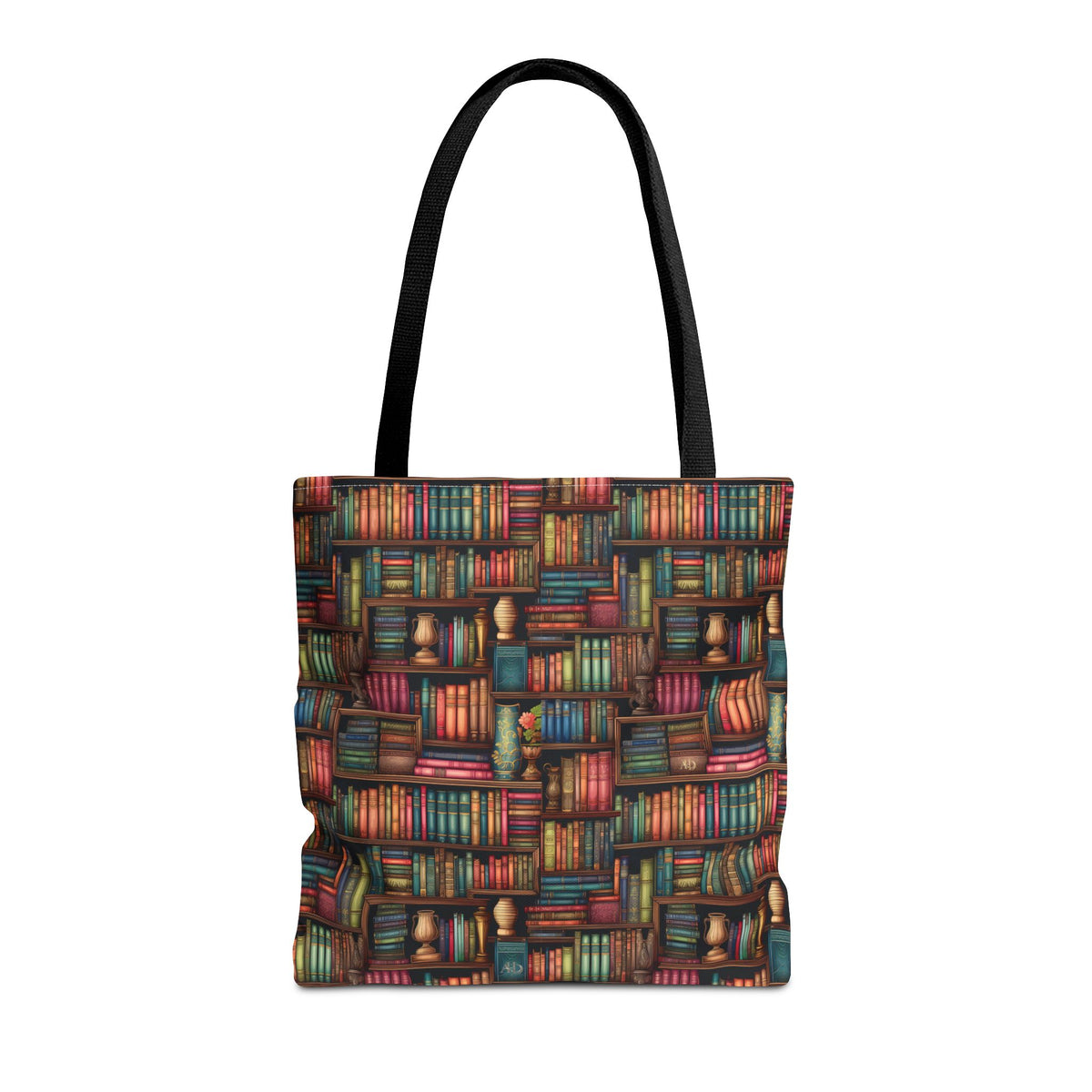 Vintage Bookshelf Polyester Tote Bag (Size: 16" × 16'', Color: Black)