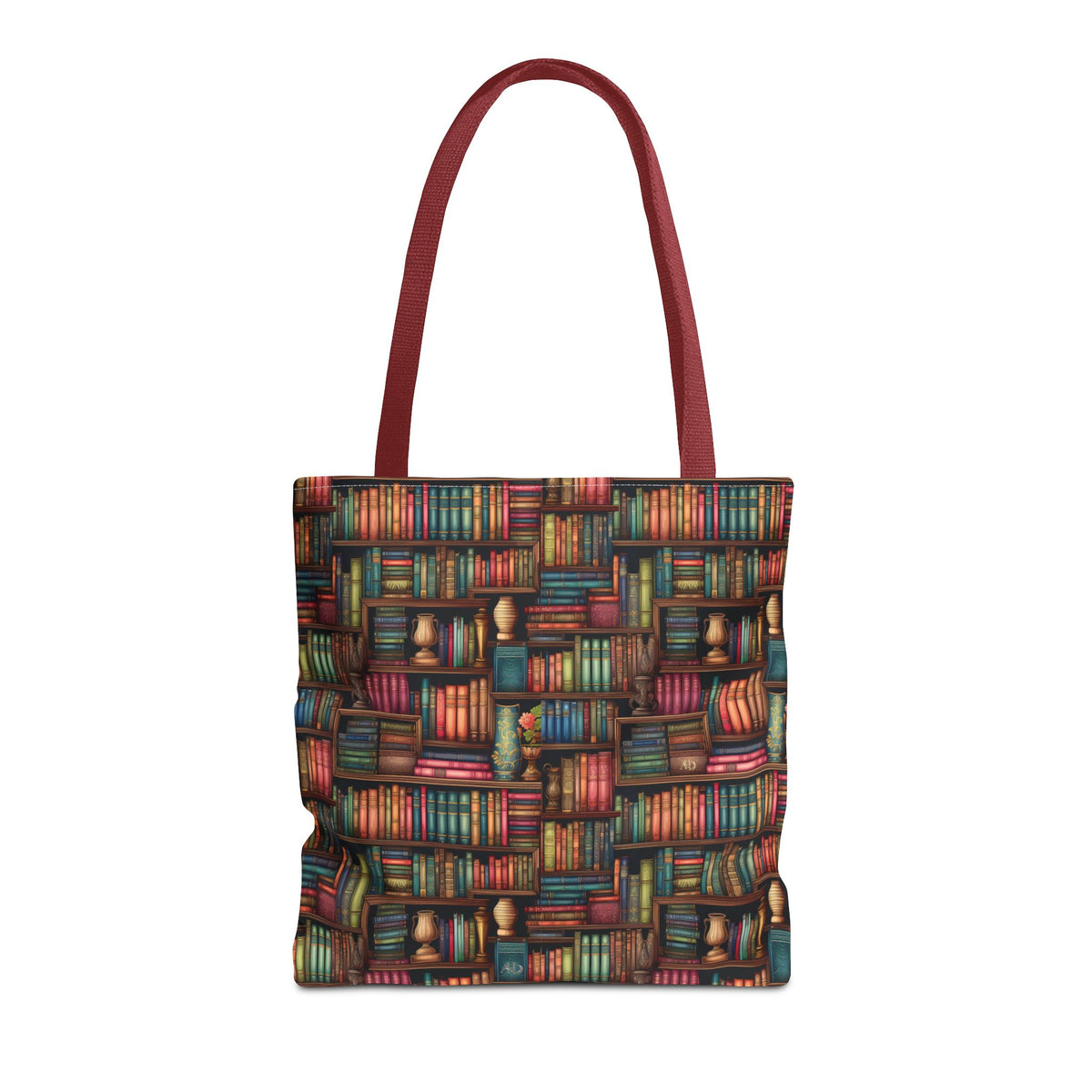 Vintage Bookshelf Polyester Tote Bag (Size: 16" × 16'', Color: Red)