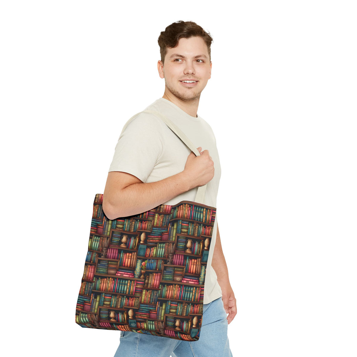 Vintage Bookshelf Polyester Tote Bag