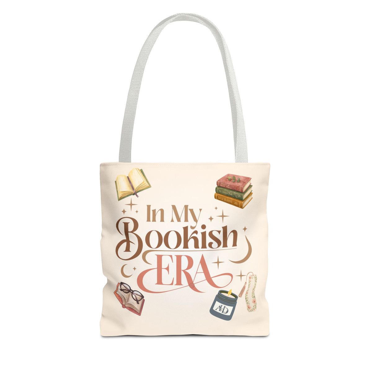 In My Bookish Era Literary Polyester Tote (Size: 13" × 13'', Color: White)