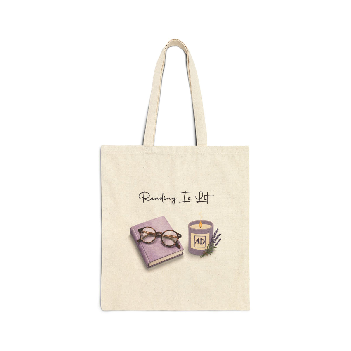 Reading Is Lit Cotton Canvas Tote Bag (Color: Natural, Size: 15" x 16")