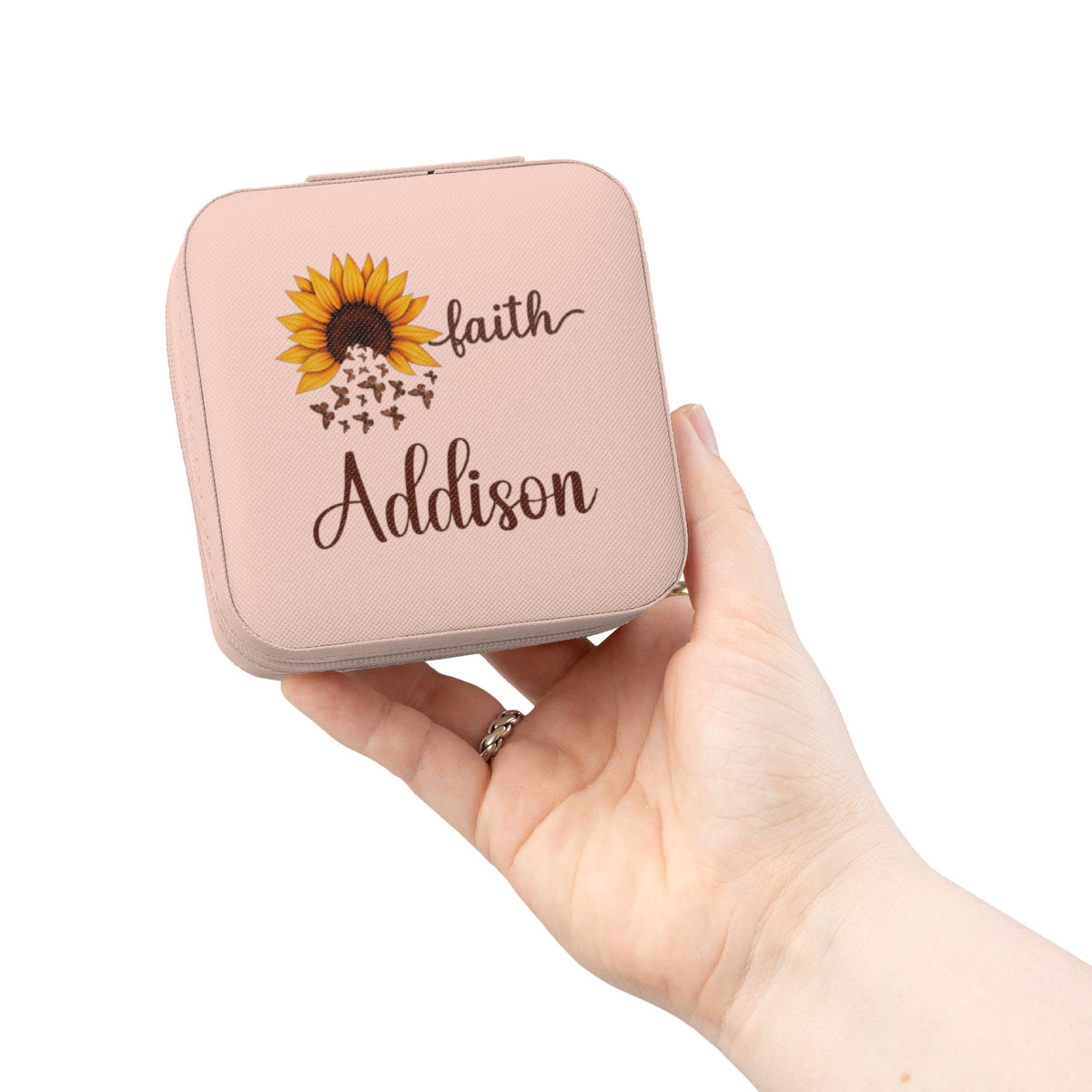 Personalized Faith Sunflower Travel Jewelry Case (Color: Pink, Size: 4" x 4" x 2")