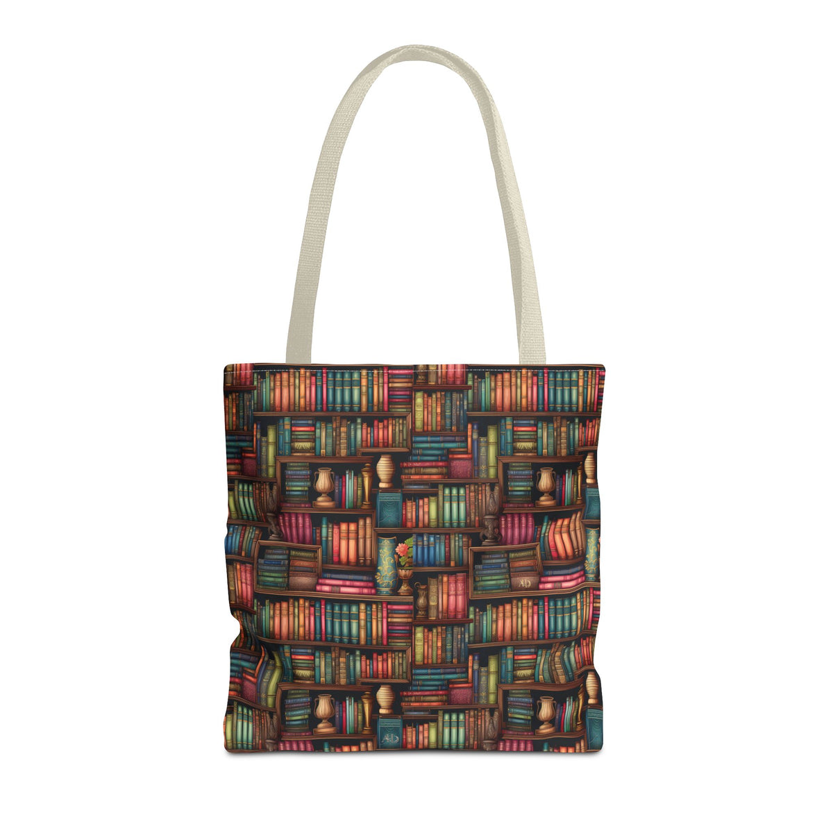 Vintage Bookshelf Polyester Tote Bag (Size: 16" × 16'', Color: Beige)