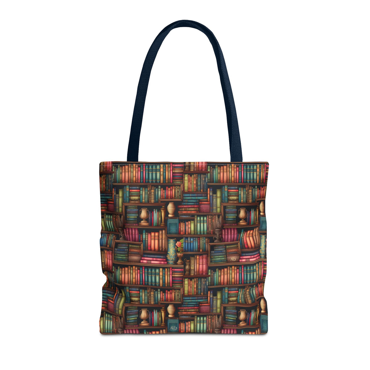 Vintage Bookshelf Polyester Tote Bag (Size: 16" × 16'', Color: Navy)