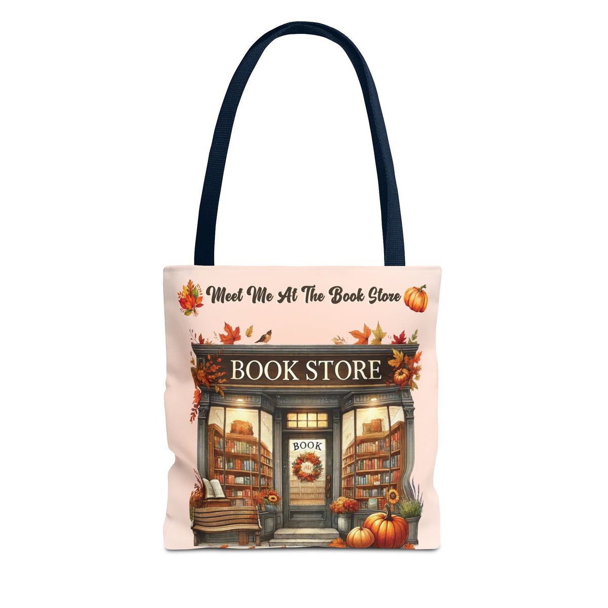 Meet Me at the Book Store Autumn Tote Bag (Size: 13" × 13'', Handle color: Navy)