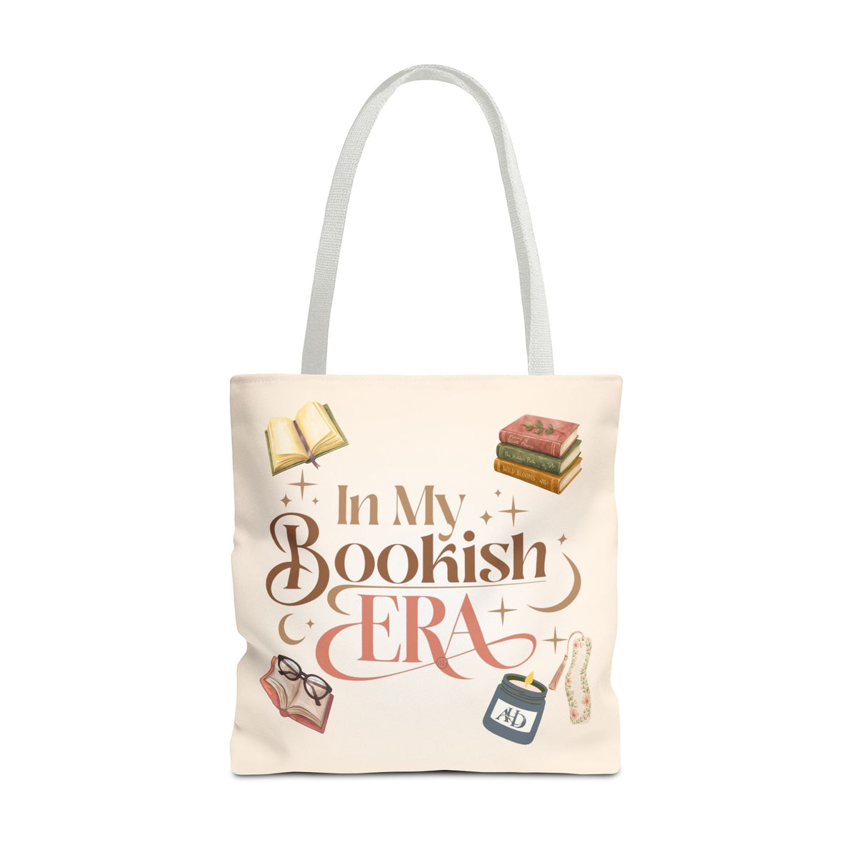 In My Bookish Era Literary Polyester Tote (Size: 18" × 18'', Color: White)