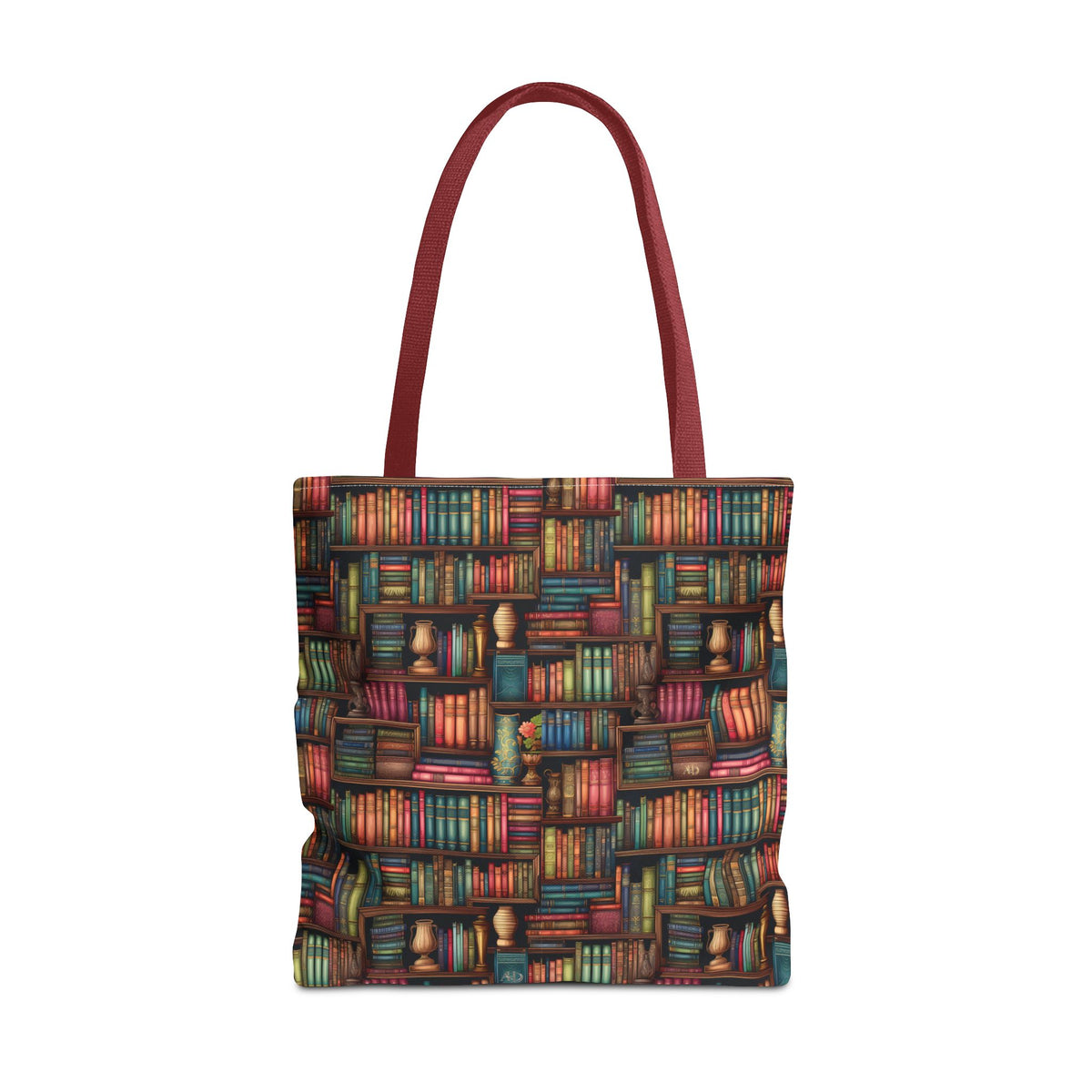 Vintage Bookshelf Polyester Tote Bag (Size: 18" × 18'', Color: Red)