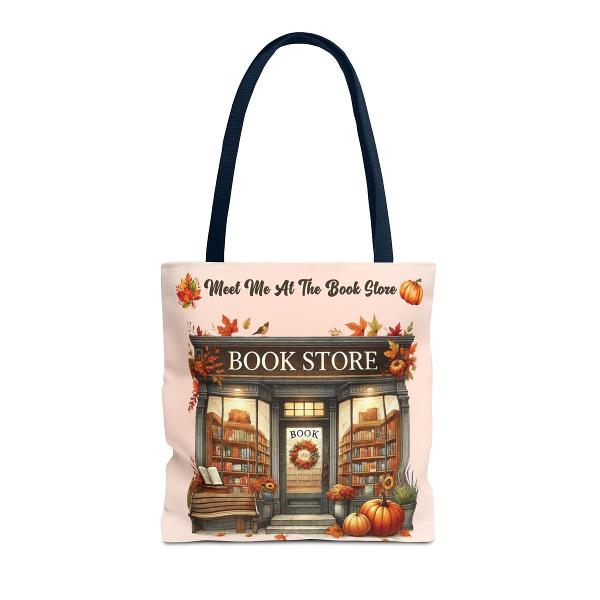 Meet Me at the Book Store Autumn Tote Bag (Size: 16" × 16'', Handle color: Navy)