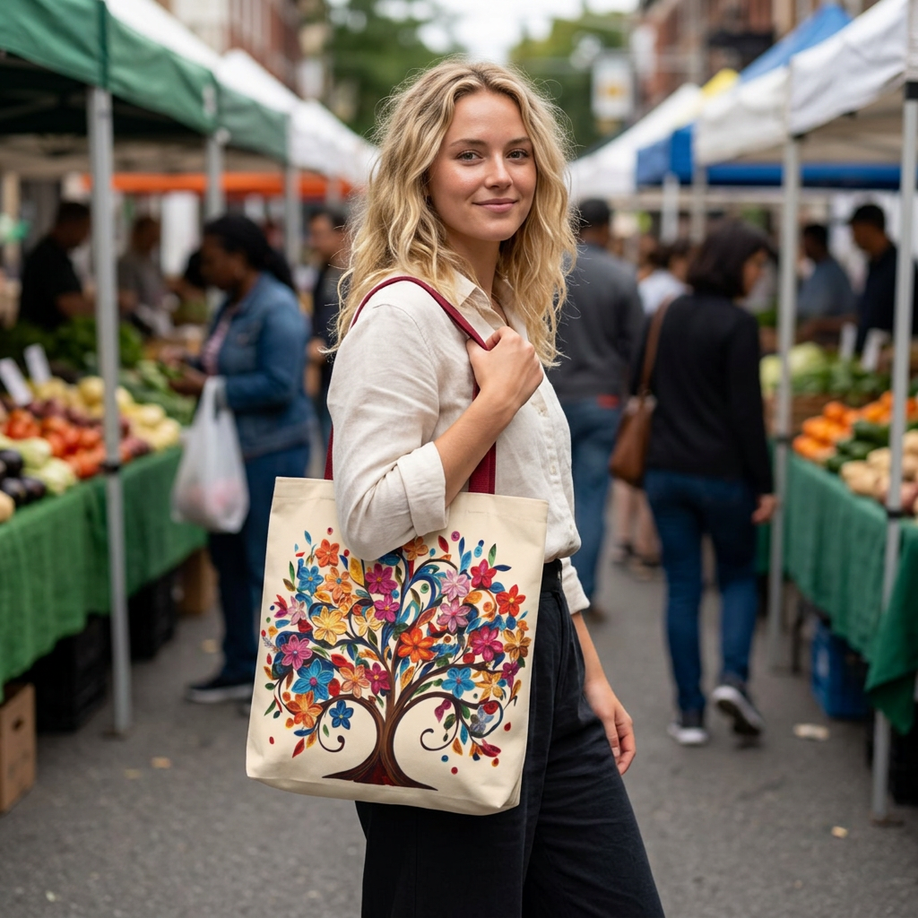 Colorful Floral Tree Polyester Tote Bag (Size: 18" × 18'', Color: Red)