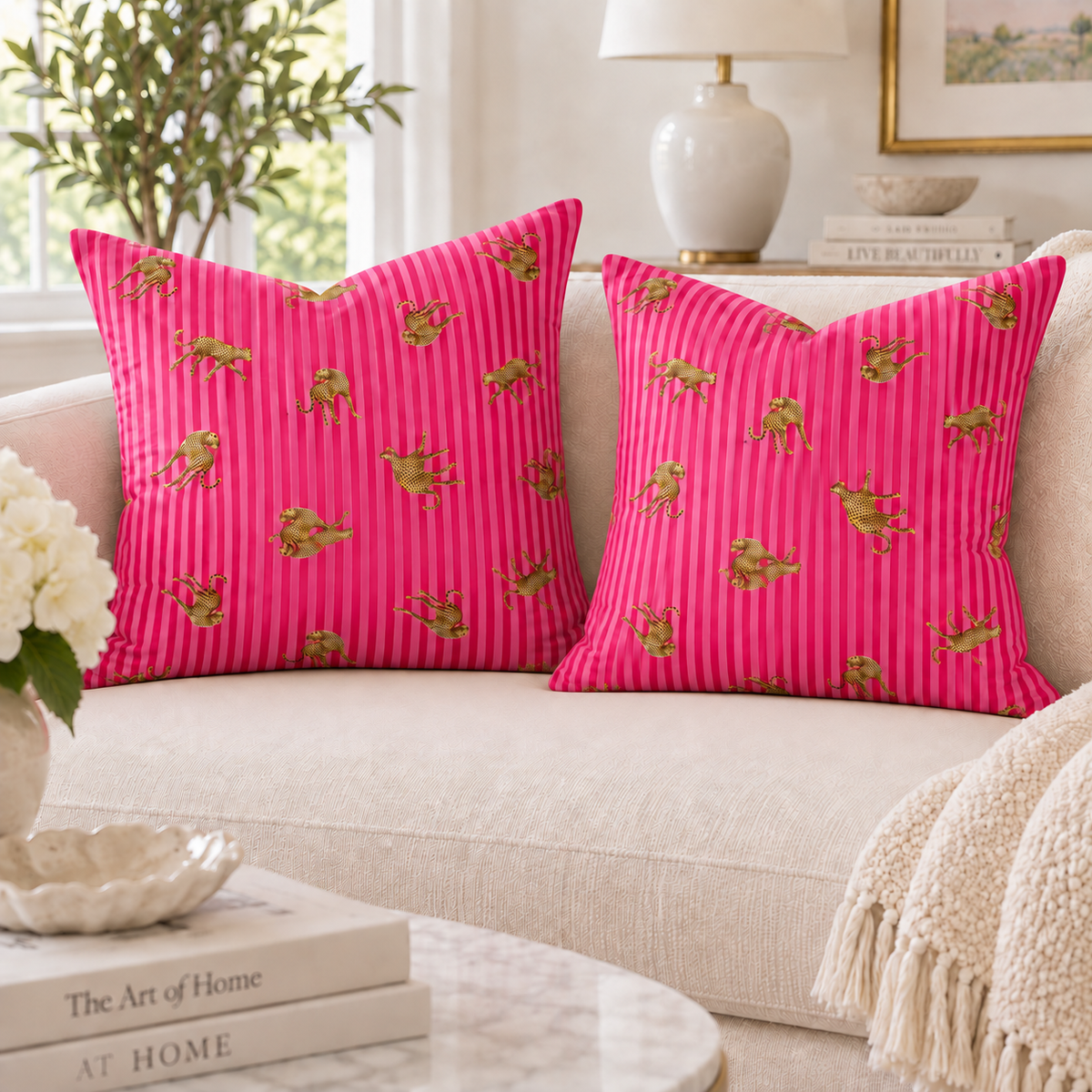 Pink Striped Leopard Faux Suede Throw Pillow