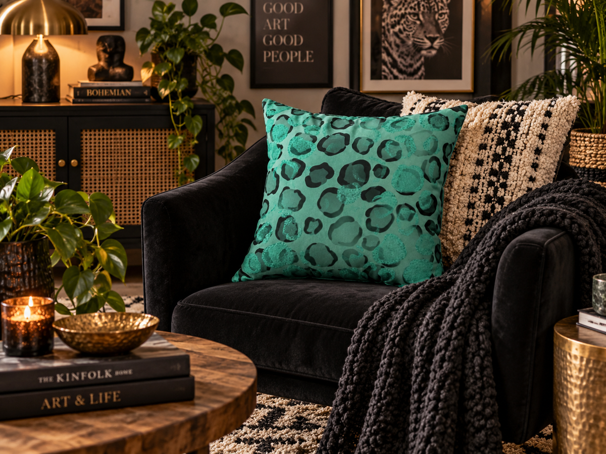 Teal Leopard Print Faux Suede Throw Pillow