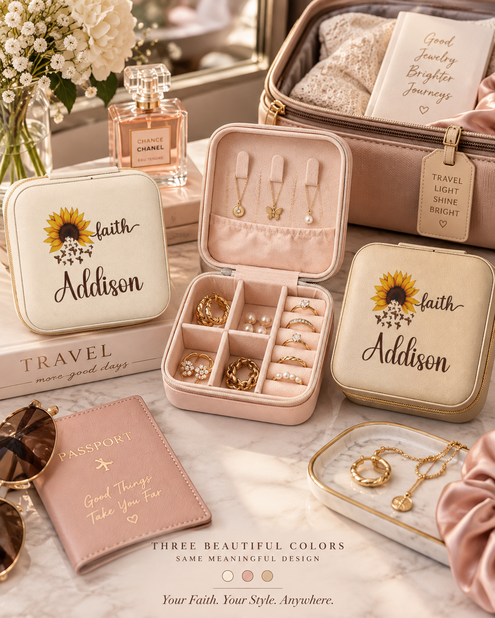 Personalized Faith Sunflower Travel Jewelry Case (Color: Ivory, Size: 4" x 4" x 2")