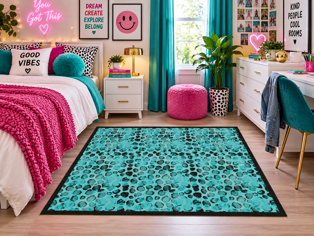 Turquoise Leopard Print Rug, 35 x 55 in (Size: 35'' × 55'', Shape: Rectangular)