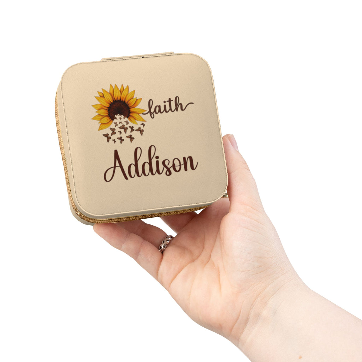 Personalized Faith Sunflower Travel Jewelry Case (Color: Soft Gold, Size: 4" x 4" x 2")