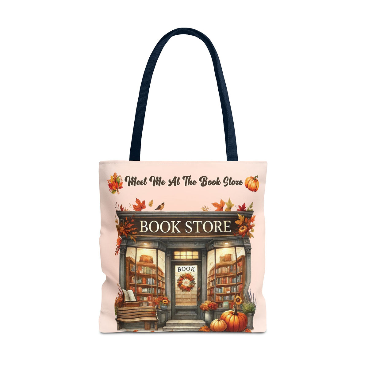Meet Me at the Book Store Autumn Tote Bag (Size: 18" × 18'', Handle color: Navy)