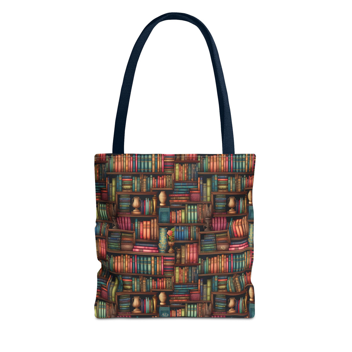 Vintage Bookshelf Polyester Tote Bag (Size: 13" × 13'', Color: Navy)