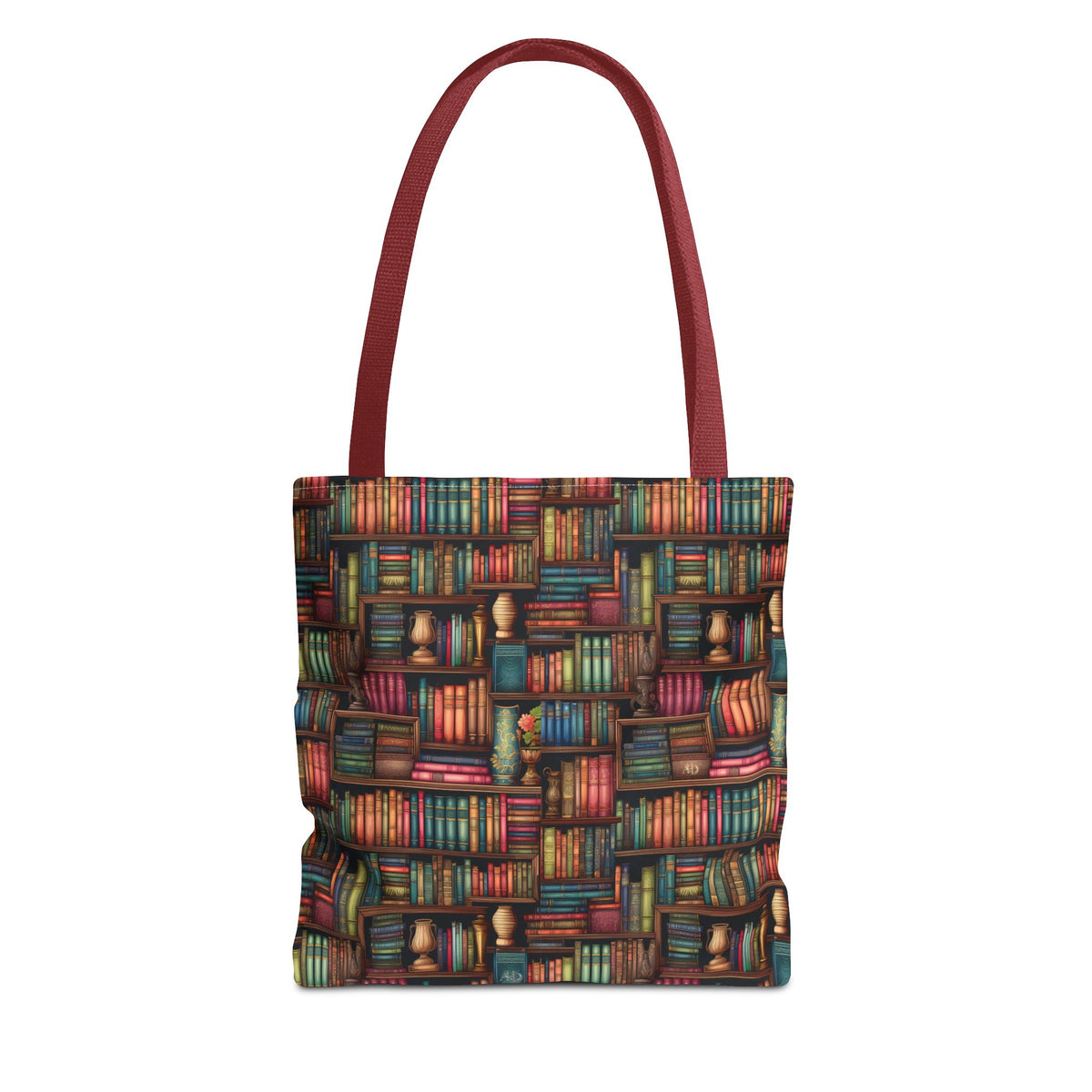Vintage Bookshelf Polyester Tote Bag (Size: 13" × 13'', Color: Red)
