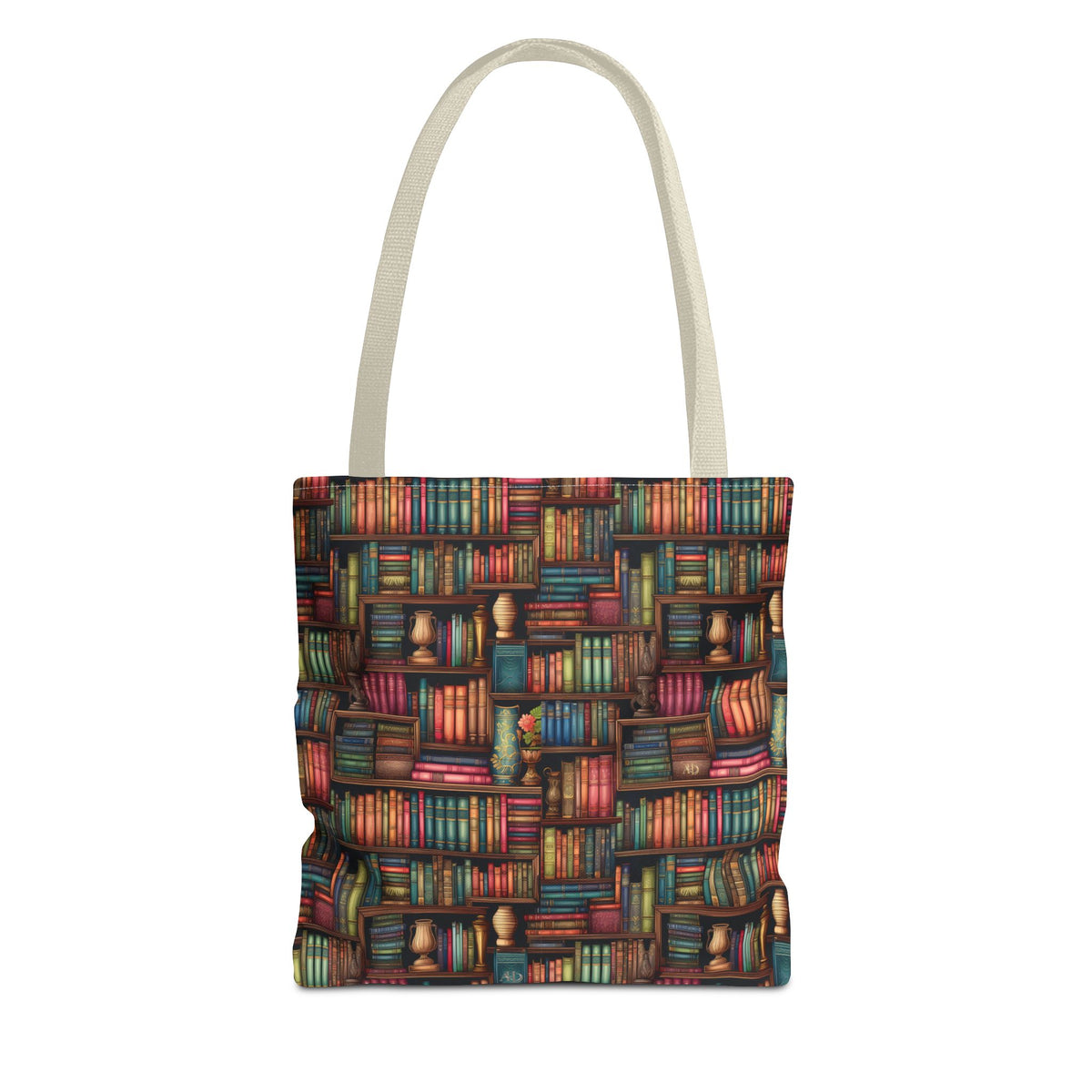 Vintage Bookshelf Polyester Tote Bag (Size: 13" × 13'', Color: Beige)