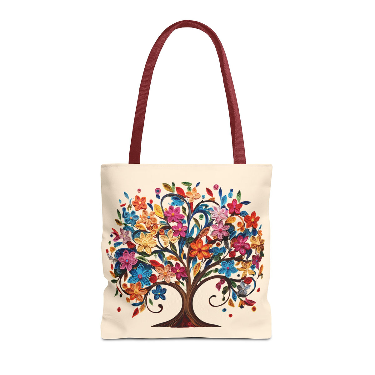 Colorful Floral Tree Polyester Tote Bag (Size: 16" × 16'', Color: Red)