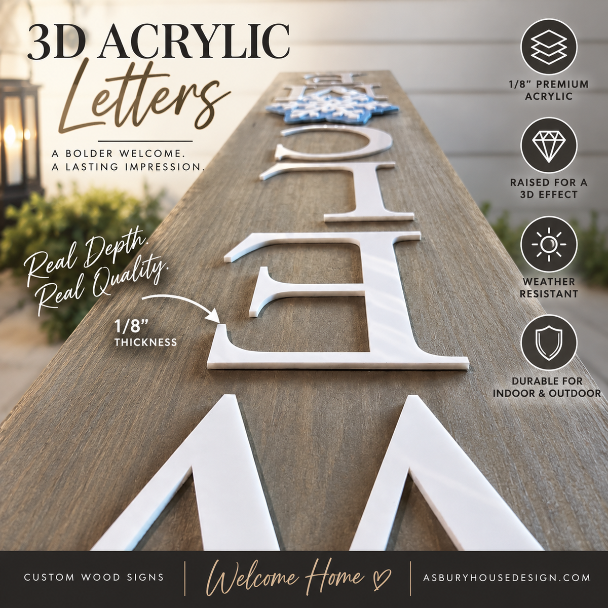 Angled view of raised white acrylic welcome lettering on a wood leaner