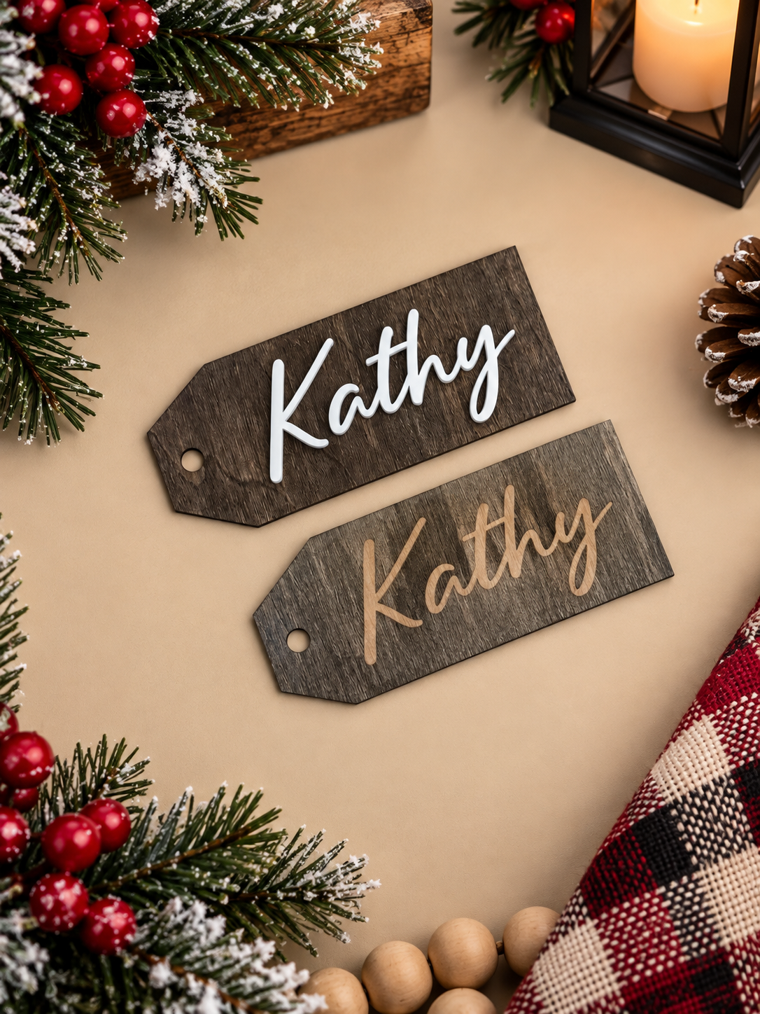 Engraved personalized wood name tag with jute twine, shown flat with no acrylic layer