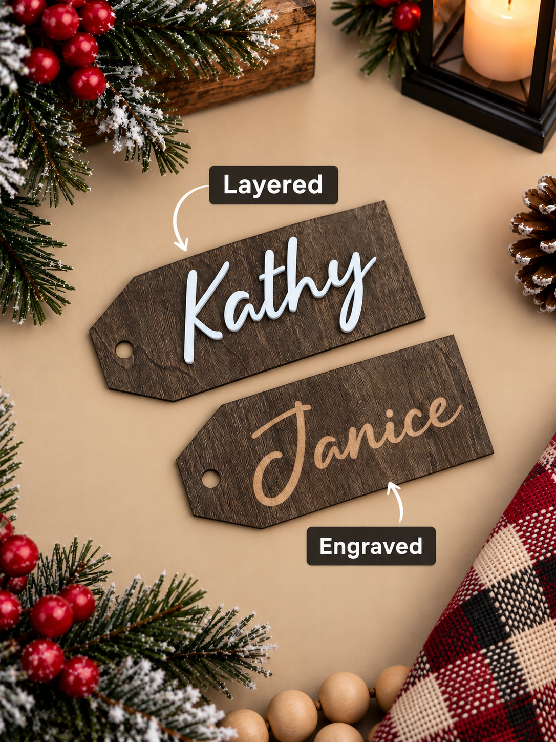 Close-up of an engraved wood stocking tag showing the name burned directly into the stained basswood