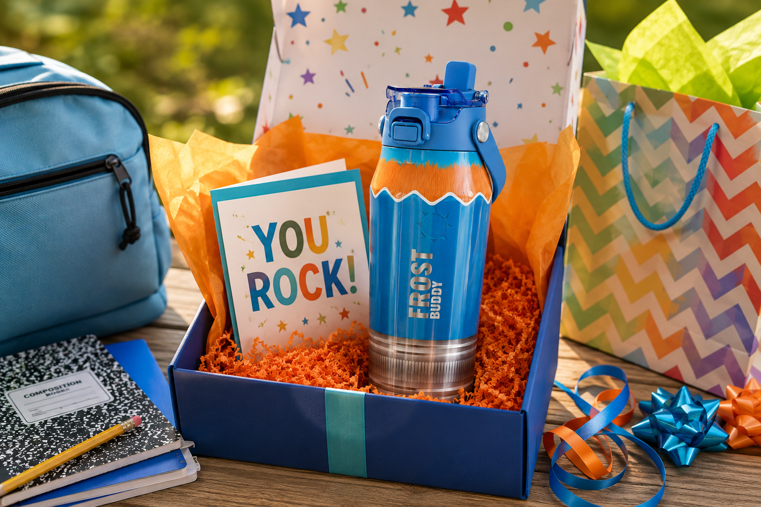 FrostBuddy Bottle Buddy 24 oz - Blue Pencil — personalized gift presentation