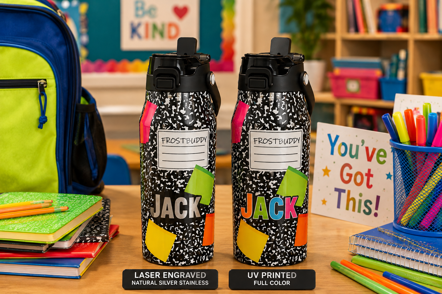 FrostBuddy Bottle Buddy 24 oz - Composition Notebook — personalization example