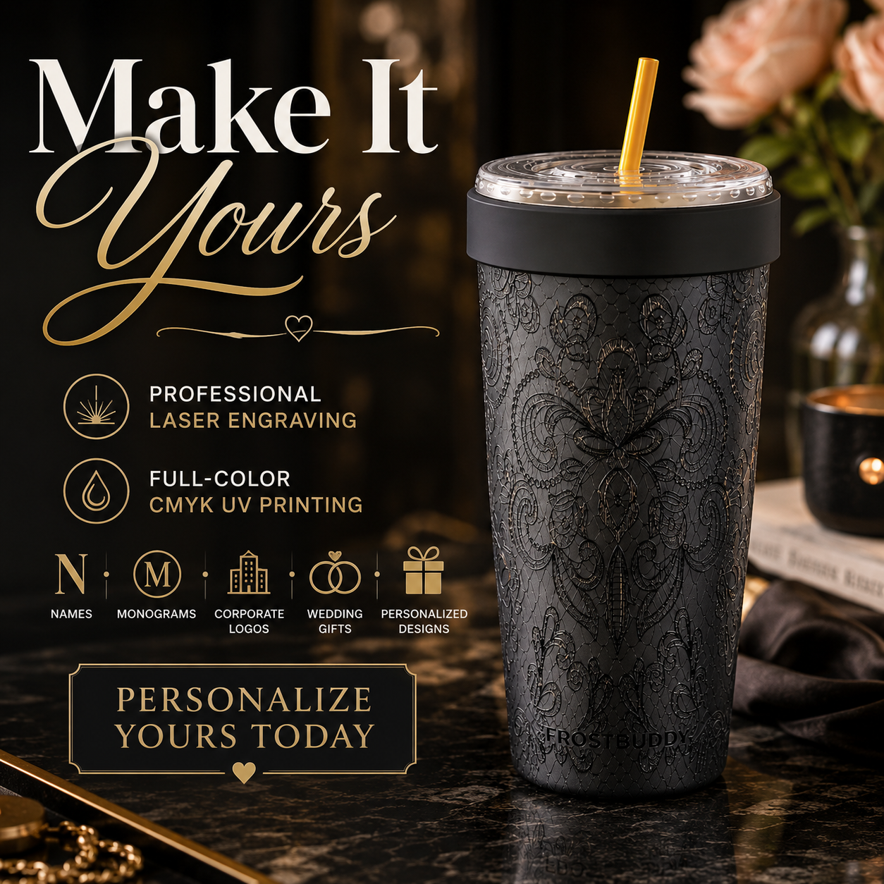 FrostBuddy ToGo Buddy 30 oz - Black Lace — personalization example