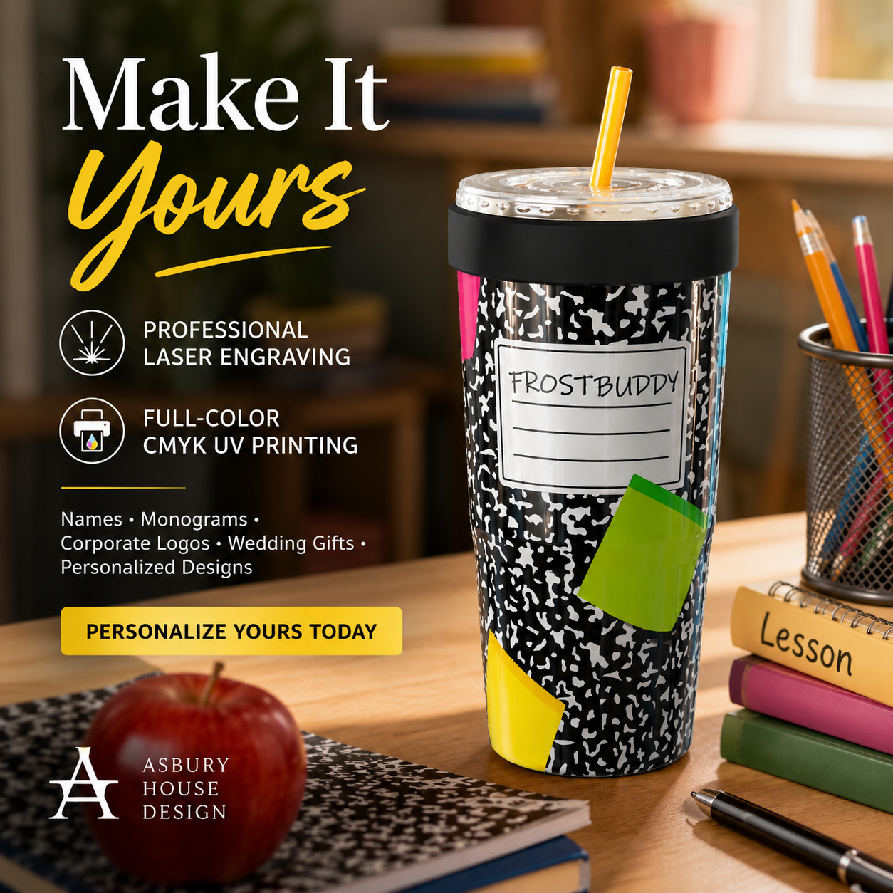 FrostBuddy ToGo Buddy 30 oz - Composition Notebook — personalization example