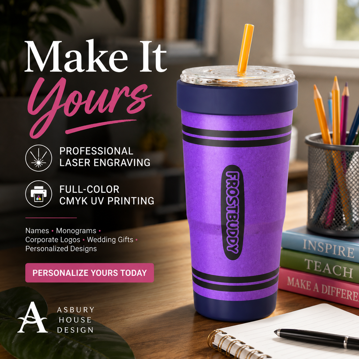 FrostBuddy ToGo Buddy 30 oz - Purple Crayon — personalization example