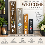 Four sizes of interchangeable wood welcome signs displayed together