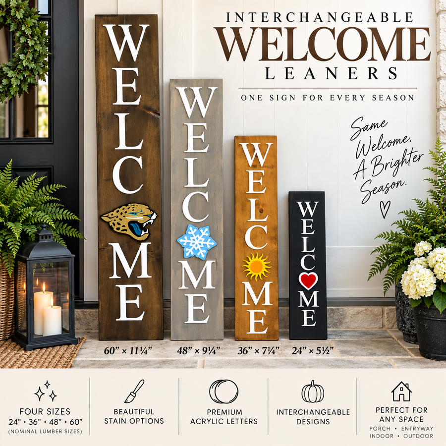 60-inch wood welcome porch leaner with raised white lettering and a Jacksonville Jaguars interchangeable