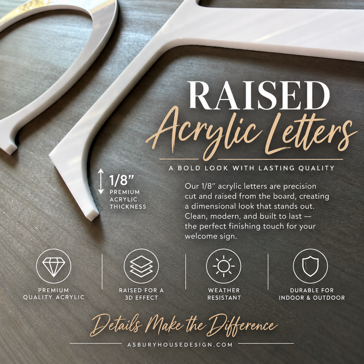 Close-up showing the thickness of raised white acrylic letters on a wood welcome sign