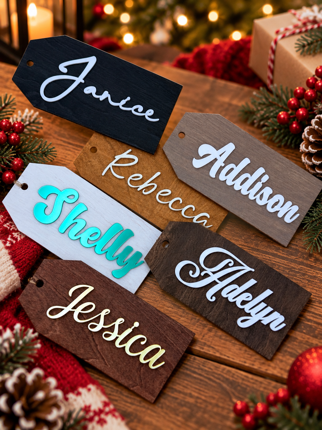 Assorted personalized stocking tags in black, white and stained wood with glitter lettering