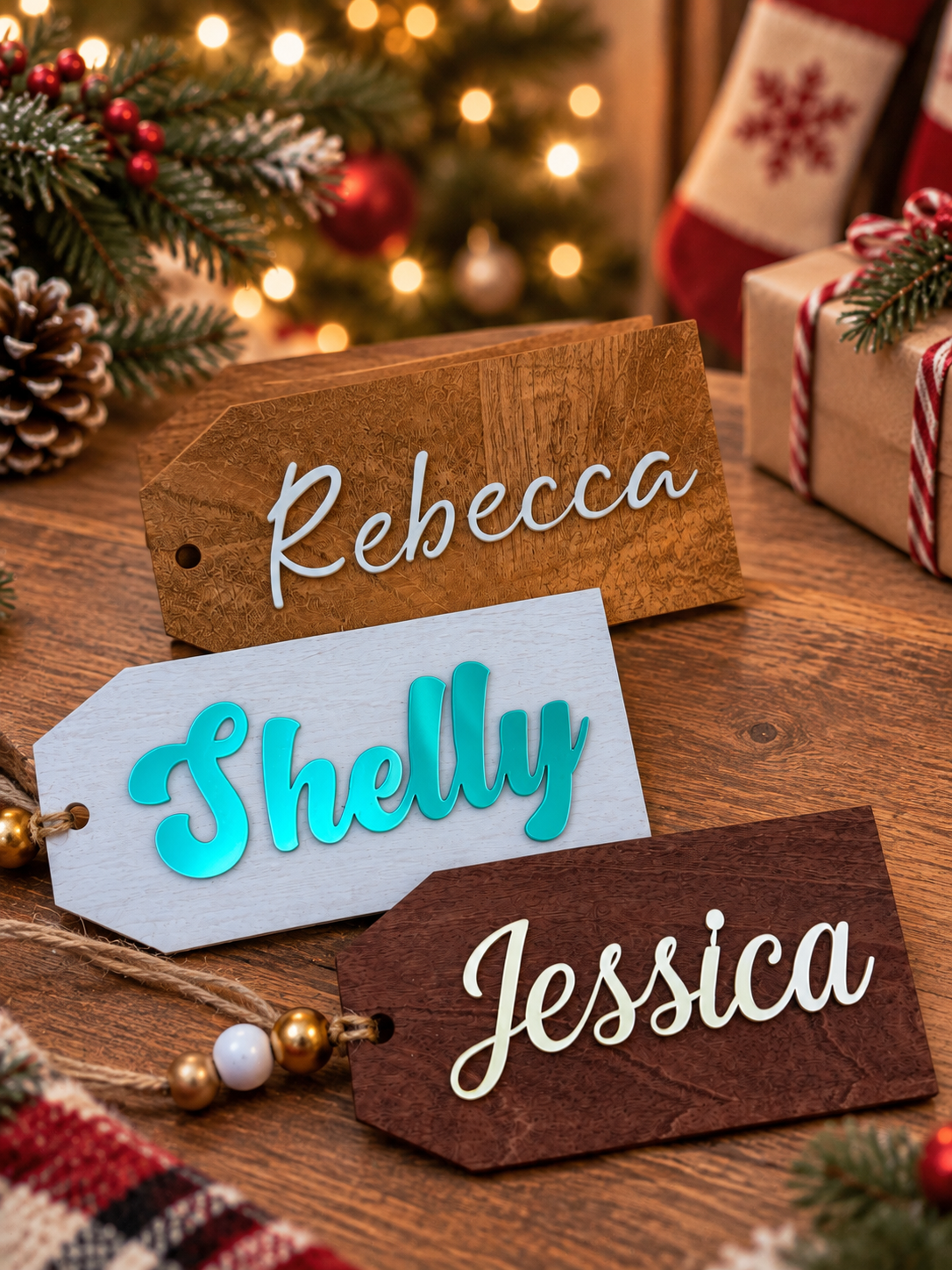 Personalized wood stocking tags for Rebecca, Shelly and Jessica in white and teal lettering