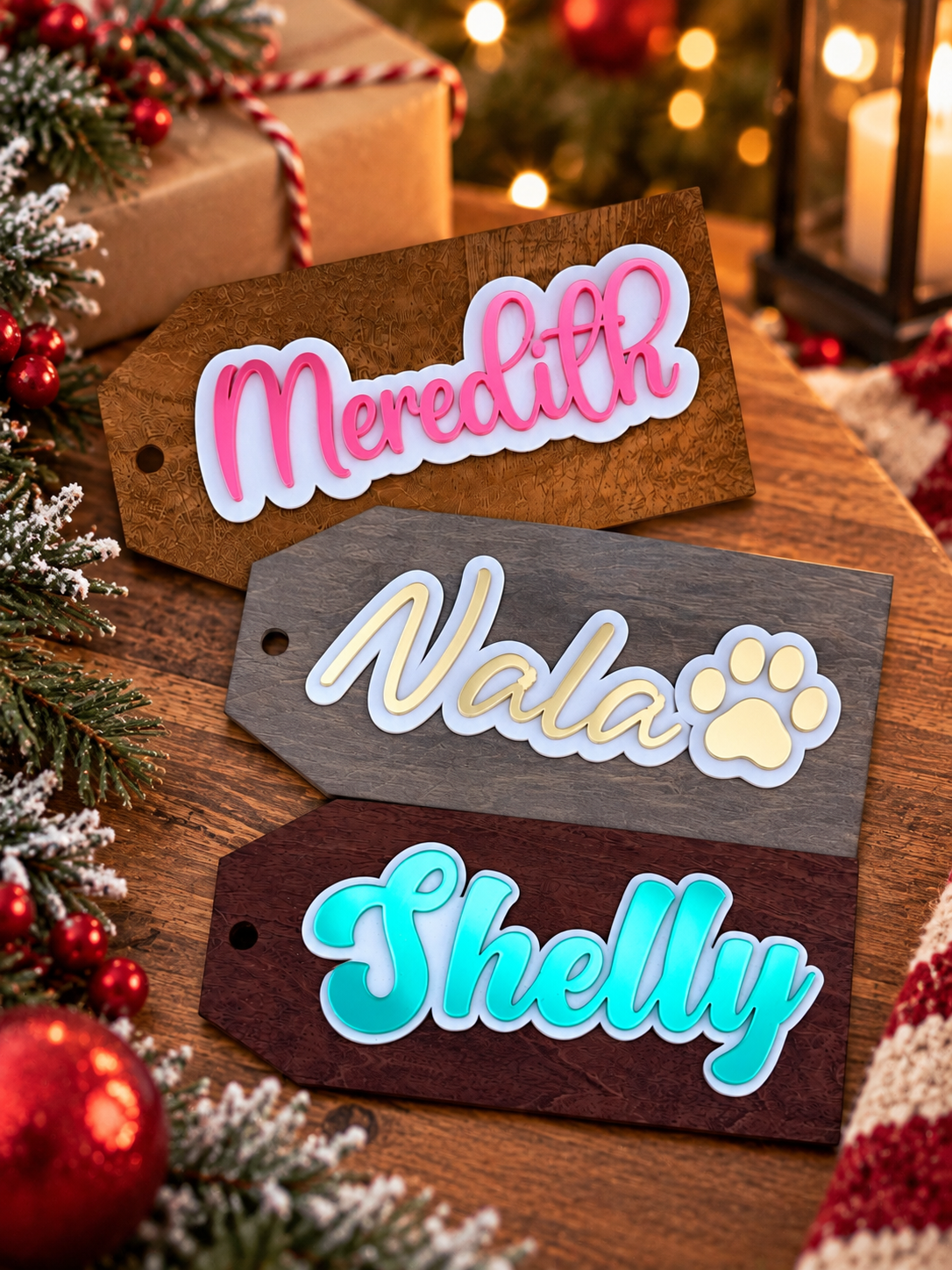 Layered acrylic name tags in pink, cream and teal mounted on stained wood stocking tags