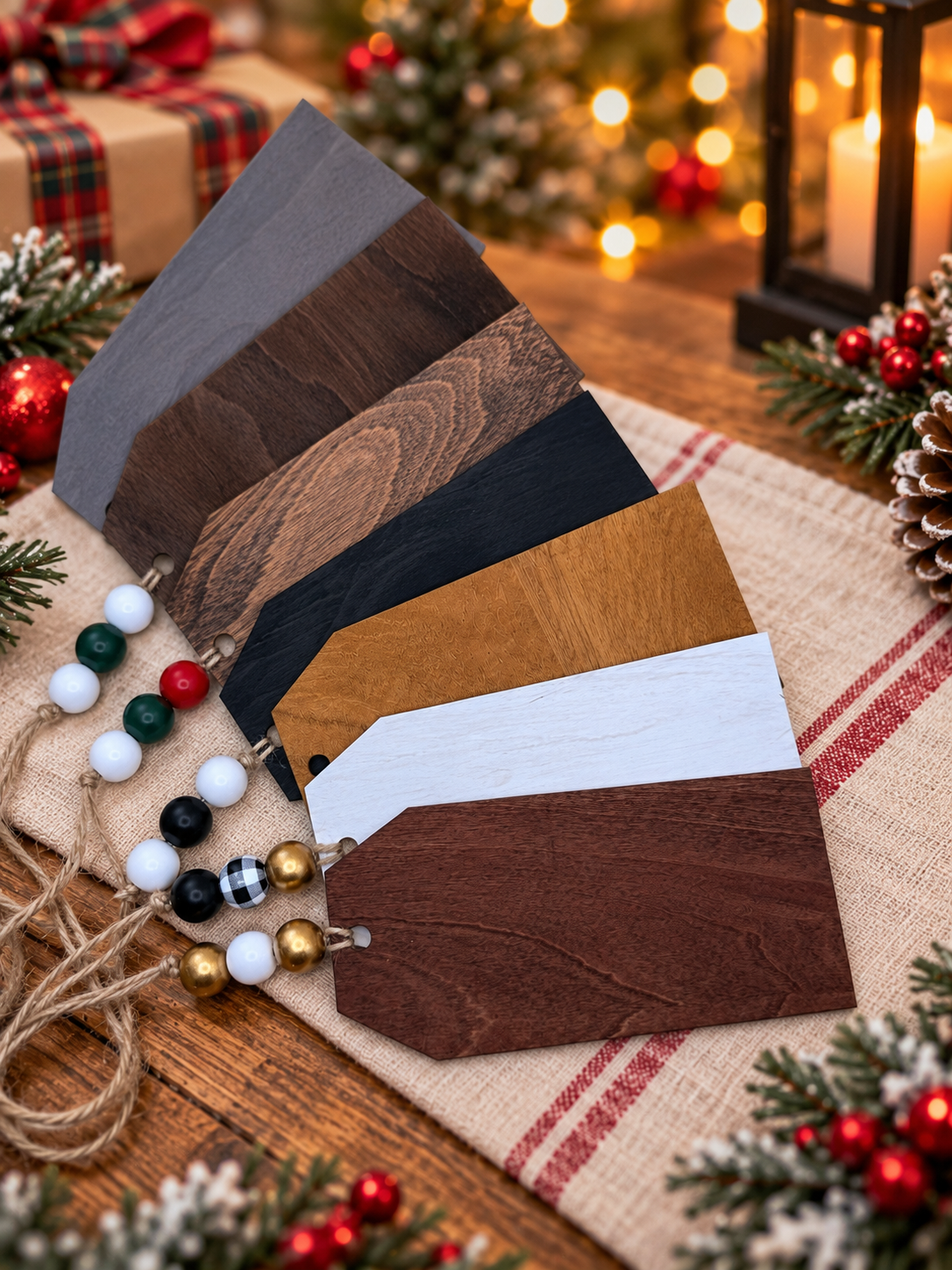 Stain color choices for personalized wood stocking tags shown with jute twine and beads