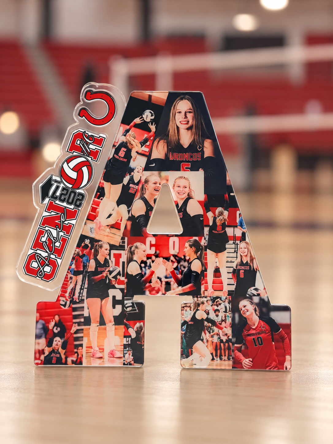 Red A custom layered acrylic photo keepsake with personalized side panel