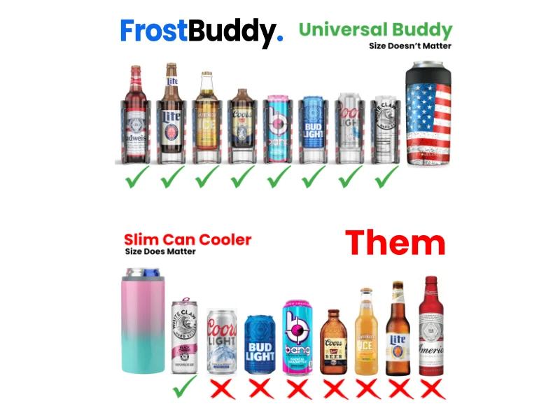 FrostBuddy Universal Buddy fits multiple can and bottle sizes, compared with a slim-only can cooler.