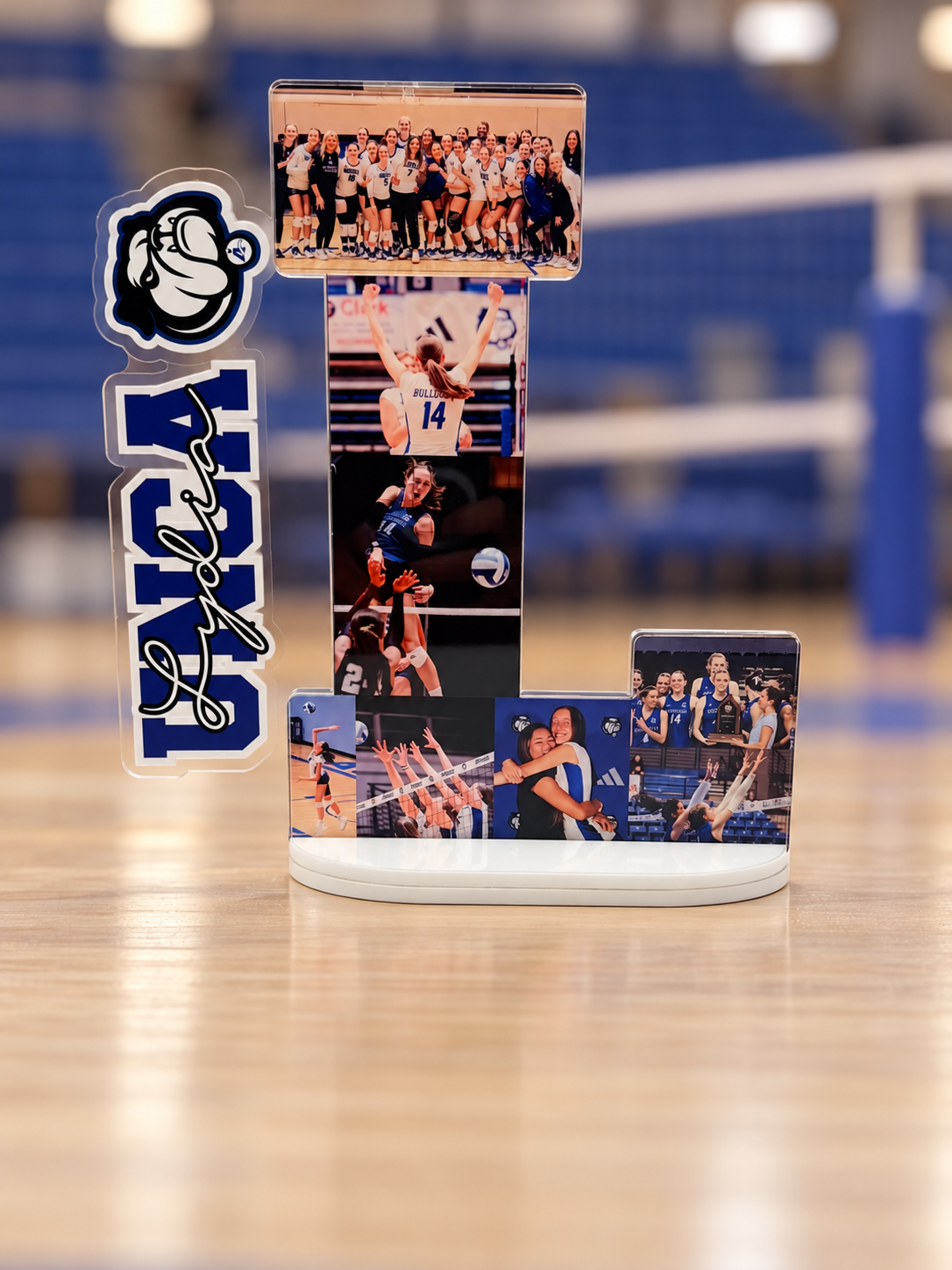 Blue L custom layered acrylic photo keepsake with personalized side panel