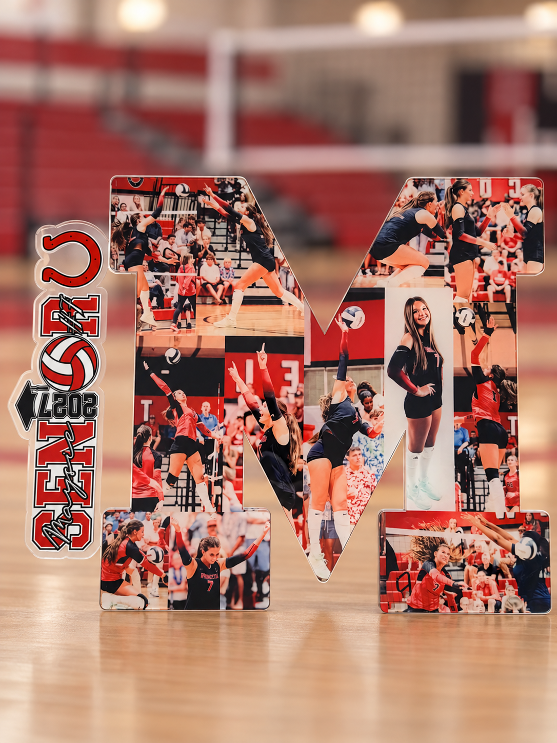 Red M custom layered acrylic photo keepsake with personalized side panel