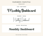 Actual Monthly Dashboard font choices: Script — Stylish Alphabet; Handwritten — Saturday; Bold Serif — Milk And Honey.