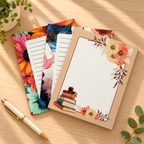 Floral notepad designs on a warm wood desk. One pad per purchase; props not included.