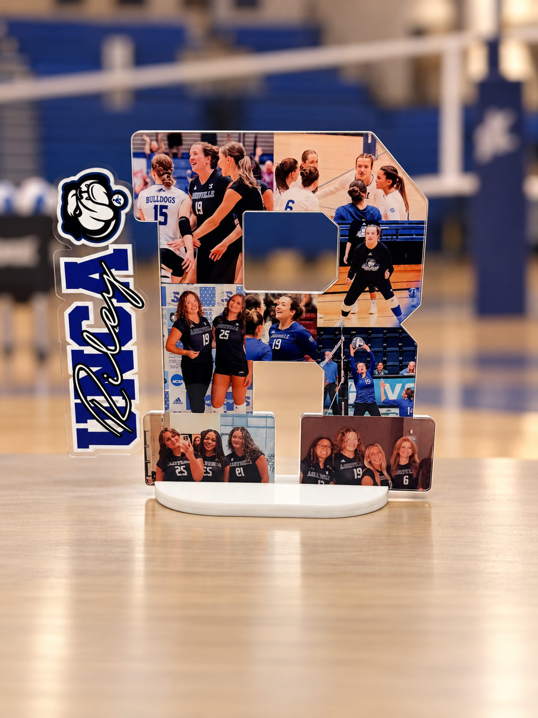 Blue R custom layered acrylic photo keepsake with personalized side panel