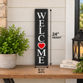 24-inch tabletop wood welcome sign with raised white lettering and a red heart interchangeable