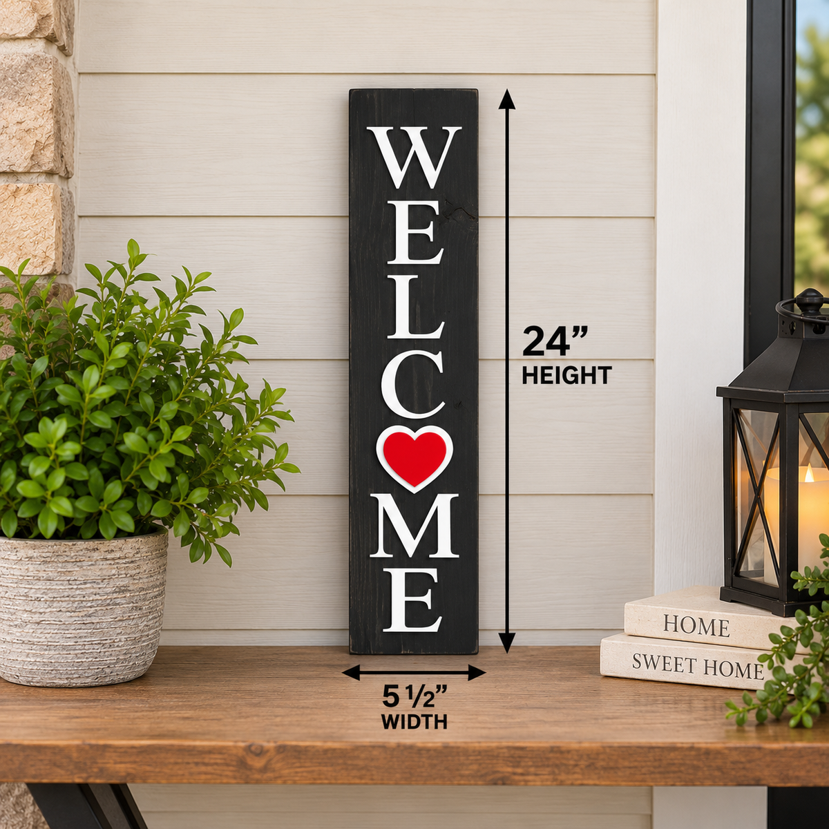 24-inch tabletop wood welcome sign with raised white lettering and a red heart interchangeable