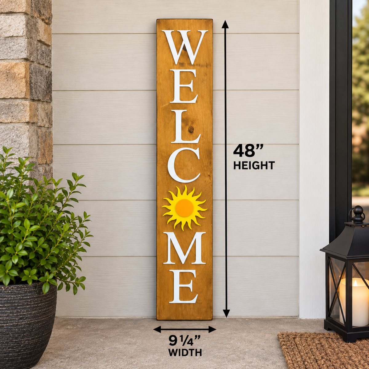 48-inch wood welcome porch leaner with raised white acrylic lettering